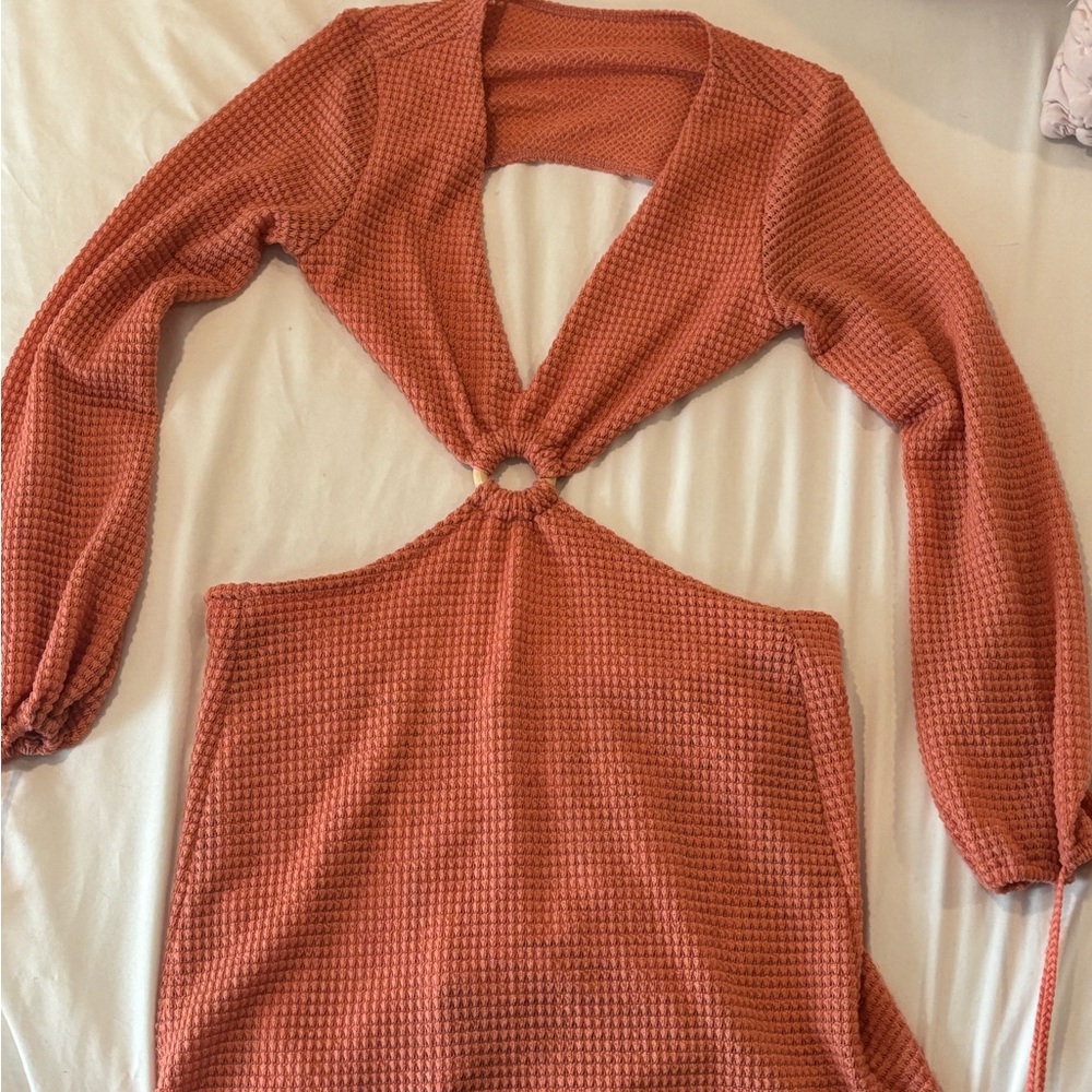 Rust Waffle Knit Cutout Dress